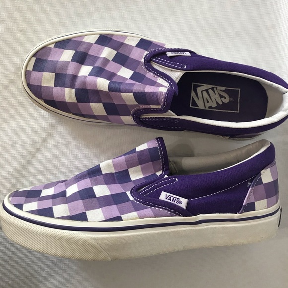 purple checkered slip on vans